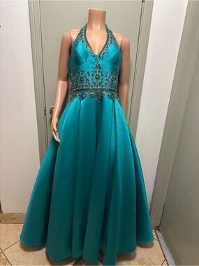Camille La Vie Teal Beaded Halter Prom Dress